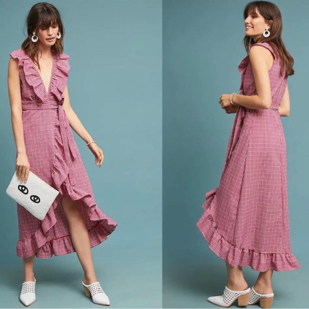 MISA Los Angeles Stella Plaid Wrap Dress Pink Size Small